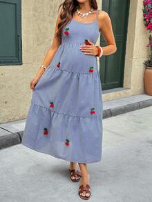 SHEIN Đầm bầu kẻ caro dáng rộng, hở lưng, thắt dây, thích hợp cho mùa hè - Màu xanh lam - Xem 5