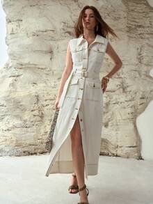 MOTF PREMIUM BELTED BUTTON UP DENIM DRESS - White - View 5
