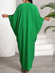SHEIN Lady Women's Casual Elegant Modest Loose Batwing Sleeve Dress, Green, Suitable For Holiday Vacation Wear, Bohemian Style/Bohemian Clothing Party Autumn - Green - View 2