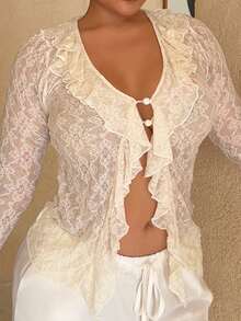 Maria Perezxox 波西米亚风休闲纯色蕾丝针织荷叶边长袖女式衬衫 - 杏色 - 查看 6