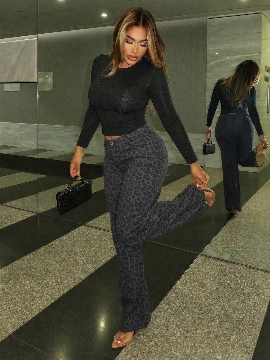 Maria Perezxox Fashionable Leopard Print Low-Waist Washed Wide-Leg Women Jeans - Grey - View 1