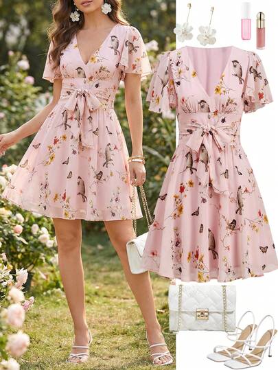 Ellevyn 女士优雅V领印花荷叶边袖系带A字纽扣装饰短款连衣裙，适合度假、通勤、约会、外出、婚礼宾客、晚礼服等场合。