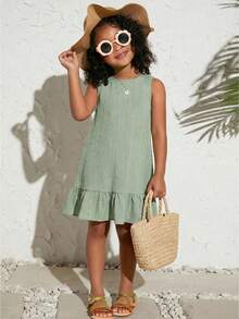 SHEIN 女童无袖绿色宽松A字荷叶边下摆度假连衣裙，夏季 - 橄欖綠 - 查看 6