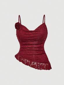 SHEIN MOD Plus Size Women's Solid Color Draped 3D Floral Detachable Hem Asymmetrical Ruffle Trim Red Camisole Top,Asymmetrical Top,Mesh Top,Party Tops, Costume,Maroon Top,Club Tops,Party Tops,Y2K Tops,Peplum Top,Lace, Tops For Women, Red Lace Top, Red Lace Cami, Lace Tops For Women, Lace Cami Top For Women - Burgundy - View 3