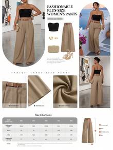 SHEIN Tall CURVE Quần ống đứng xếp ly tối giản dành cho nữ, cỡ lớn (TALL), thích hợp đi làm. - Màu Khaki - Xem 2