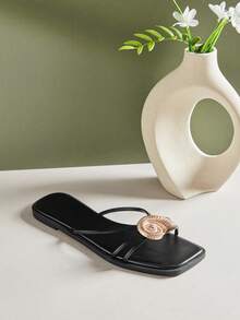 SHUZIA Sandal Wanita Minimalis Nyaman dengan Dekorasi Logam, Model Slip-On, Sepatu Musim Panas - Hitam - View 6
