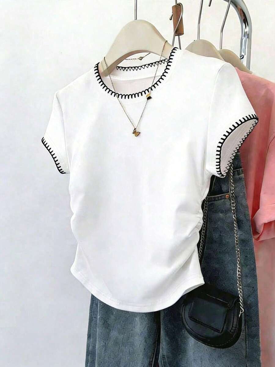 SHEIN Women's Round Neck Short Sleeve Pleated Casual Versatile T-Shirt - White - View 1