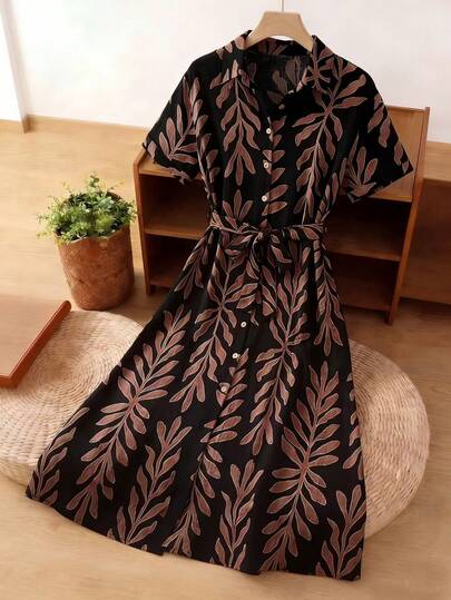 Franclia 新款春夏印花短袖束腰连衣裙