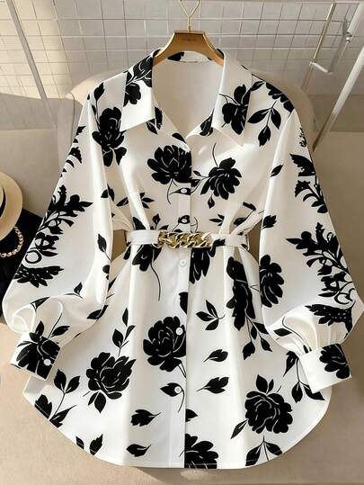 GlowEve CURVE Camisa de manga larga con nudo delantero y estampado floral pequeño para mujer de talla grande