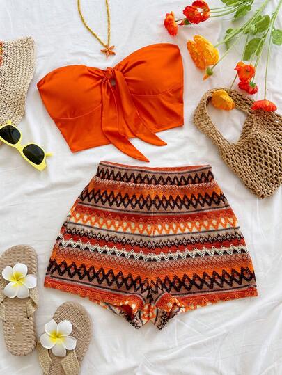 Soleia Conjunto de 2 piezas de top tubo corto con nudo delantero y shorts a rayas de bloques de color geométricos para mujer, ideal para vacaciones de verano en la playa