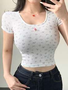 DAZY Áo thun crop top họa tiết hoa nhí nữ kiểu dáng thường ngày, thích hợp cho mùa hè. - trắng - Xem 2
