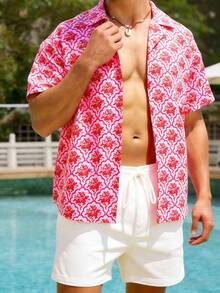 ZELFYO 男士印花短袖衬衫和抽绳短裤沙滩套装 - 玫紅色 - 查看 7