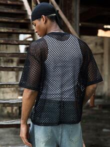 PAVTROS 男士纯色圆领镂空休闲百搭日常短袖T恤 - 黑色 - 查看 2