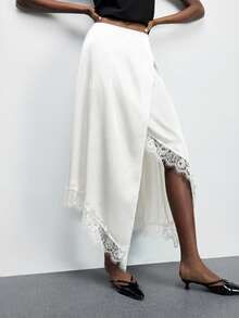 Maija 女士优雅简约纯色撞色蕾丝不对称下摆半身裙，夏季 - 白色 - 查看 6