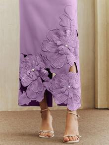 Anewsta Solid Color Straight Waist-Cinched Short Sleeve Dress With Cutout Embroidered Pearl Design, Long Dress For Women - Purple - View 2