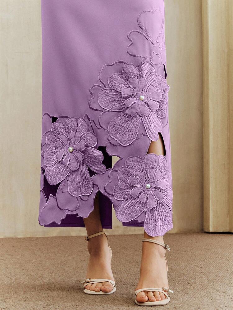 Solid Color Straight Waist-Cinched Short Sleeve Dress With Cutout Embroidered Pearl Design, Long Dress For Women