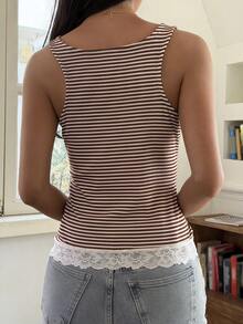 Livesso 春夏条纹撞色蕾丝边吊带背心，休闲街头风，适合婚礼、派对、情人节、度假、音乐节等场合，修身剪裁 - 棕色 - 查看 3