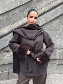 Marta Soriano 2025新款极简主义秋冬女士优雅披肩领大衣，秋冬棕色大衣，女士秋季大衣，棕色外套，女士冬季 - 棕色 - 查看 2