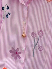 Everyssa Áo sơ mi dài tay nữ kẻ sọc thêu hoa, kiểu dáng thường ngày, đa năng. - Hồng - Xem 3
