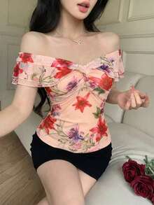 Celisse Mesh Print Ruffle Twist Elegant Women T-Shirt - Apricot - View 1