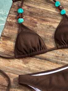 SHEIN Swim Solid Color Fabric Multi-Color Stone Decor, Elegant Resort Women Swimwear Set - Brown - View 1