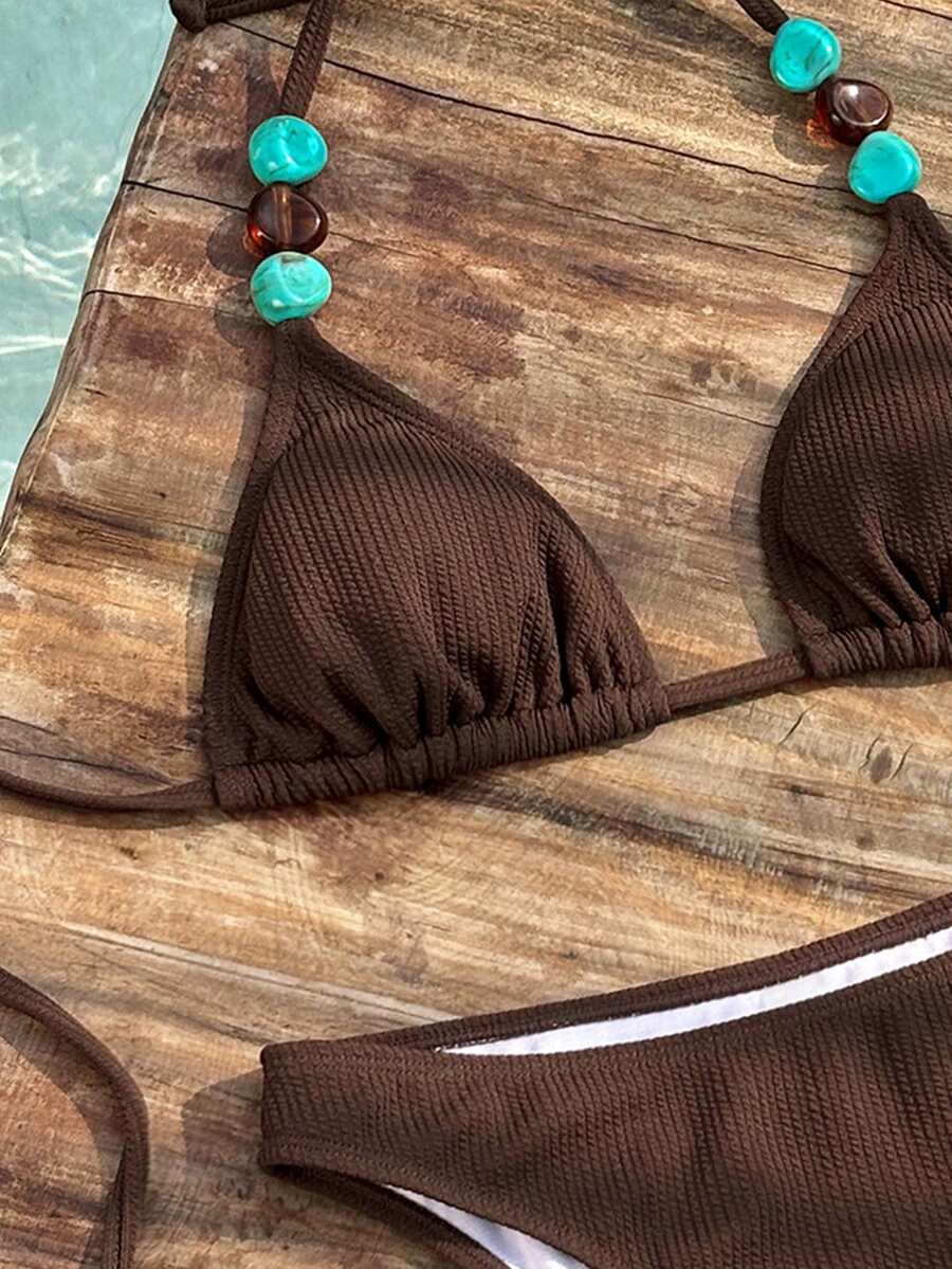 SHEIN Swim Solid Color Fabric Multi-Color Stone Decor, Elegant Resort Women Swimwear Set - Brown - View 1