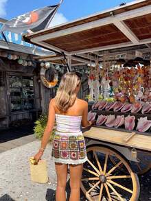 Selianne 春夏镂空花卉抽绳腰针织半身裙，休闲沙滩度假风 - 彩色 - 查看 5