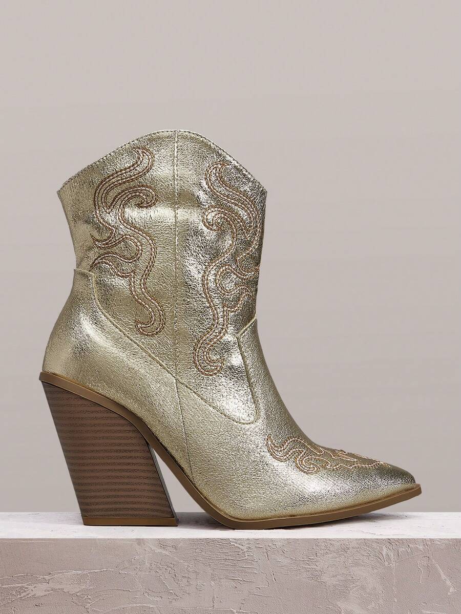 Styleloop 女士中筒靴，波西米亚风，复古美式，波西米亚风，西部靴，科切拉音乐节，派对装扮 - 香檳色 - 查看 1