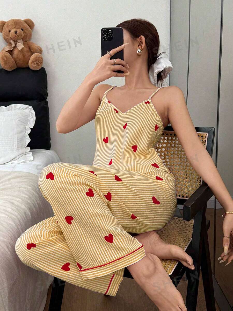 SHEIN 女士泡泡褶皱条纹爱心印花吊带背心和裤子睡衣套装 - 黃色 - 查看 1