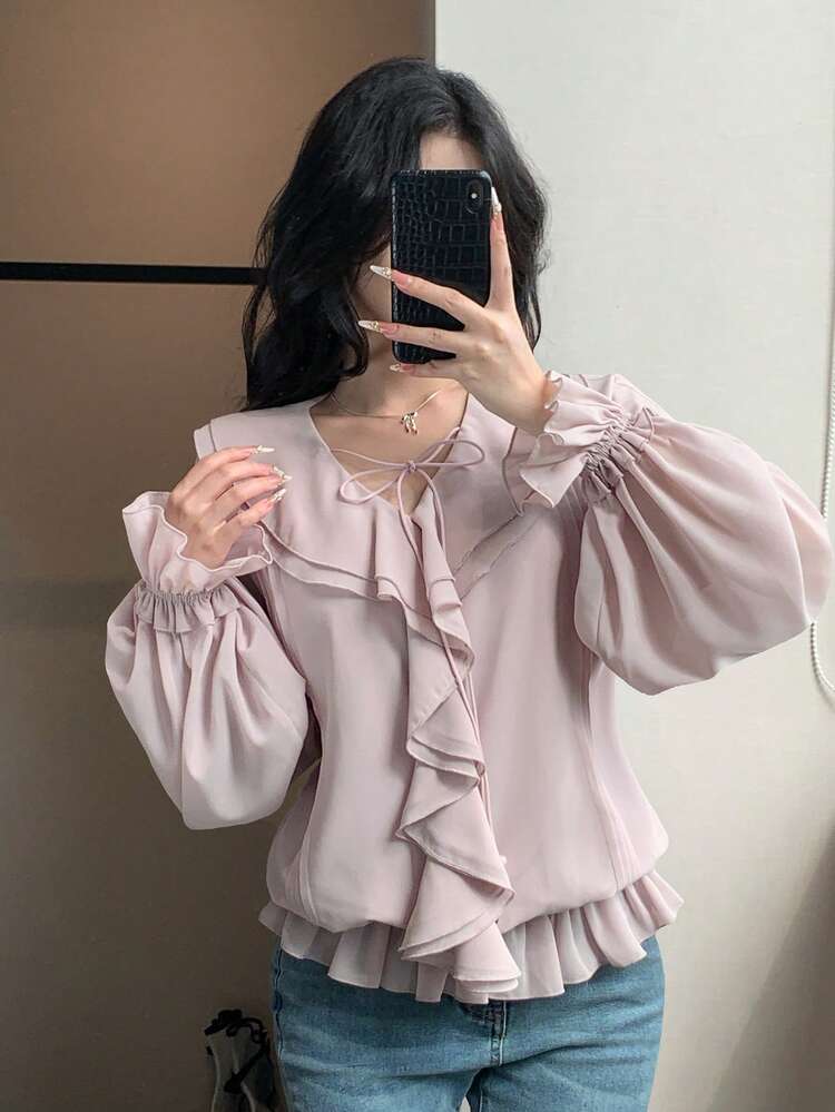 Women's Casual V-Neck Loose Pleated Ruffle Hem Vacation Summer Blouse