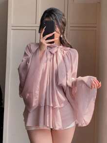 DAZY Áo kiểu nữ mùa hè thanh lịch, tay bồng, cổ buộc dây, chất liệu chiffon, dáng rộng, có bèo nhún, tay loe. - Hồng - Xem 6
