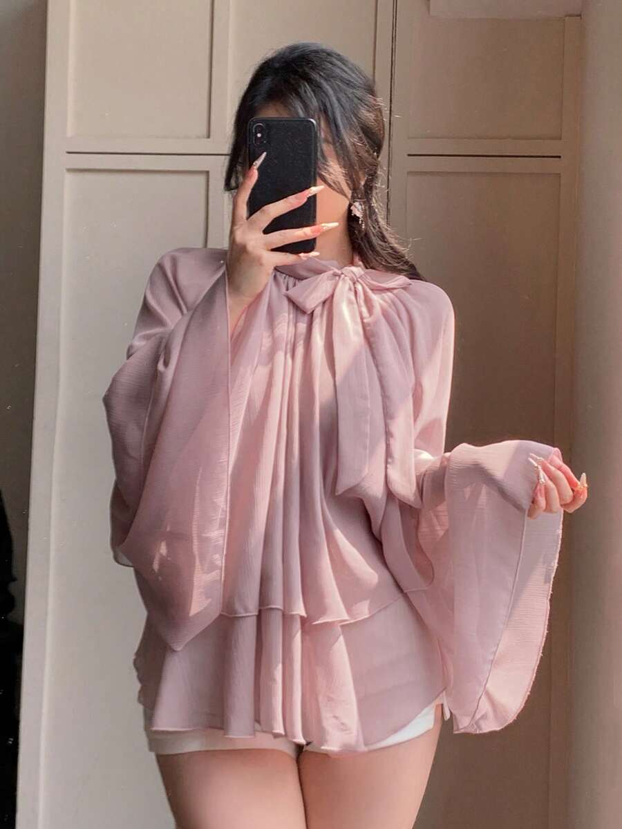 DAZY 女士雪纺宽松荷叶边喇叭袖系领优雅夏季衬衫 - 粉色 - 查看 1