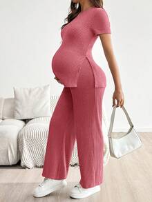 SHEIN 2pcs Maternity Solid Color Short Sleeve Top And Adjustable Waist Casual Pants Set - Hot Pink - View 4