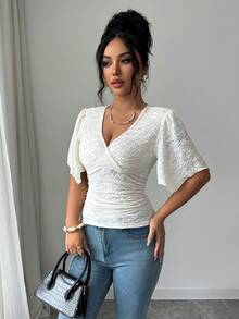 Selianne 2026 Summer New French V Neck Wrap Lace Blouse For Women Flare Sleeve Slim Fit Elegant Top Elegant Tops For Women - Apricot - View 6