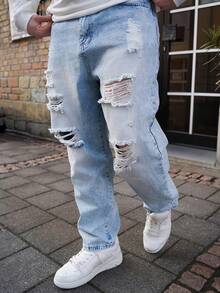 LEOGASHI LEOGASHI Men's Loose Fit Ripped Washed Denim Jeans - Light Wash - View 5