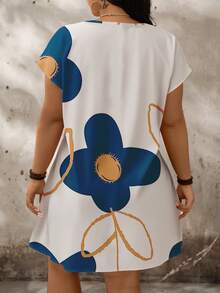 SHEIN LUNE Casual Minimalist Color Block Pattern Loose Short Sleeve Plus Size Dress, Suitable For Summer - Multicolor - View 2