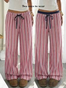 CovetEZ Women's Drawstring Waist Striped Wide Leg Loose Casual Pants - Pink - View 1