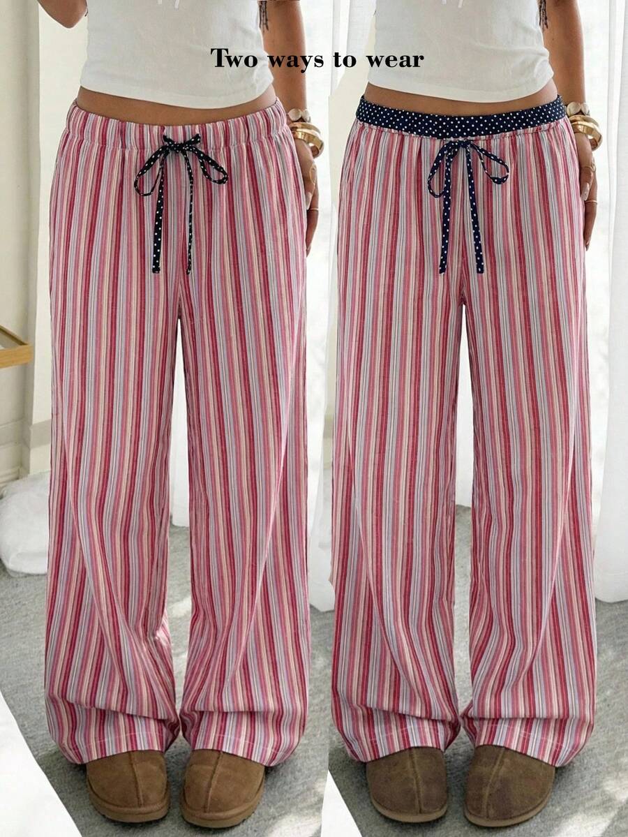 CovetEZ Women's Drawstring Waist Striped Wide Leg Loose Casual Pants - Pink - View 1