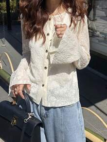 FRIFUL Women's Round Neck Lace Fabric Fitted Flare Sleeve Solid Color Casual T-Shirt - Apricot - View 6