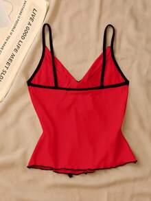 SHEIN LUNE 女士蝴蝶结荷叶边吊带背心，优雅修身 - 紅色 - 查看 2