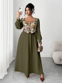 Elenzga Plus Size Women's Vintage French Style Color Block Long Sleeve 2 In 1 Dress, Suitable For Graduation, Holidays, Valentine's Day, Christmas, Music Festivals, Mother's Day, Halloween, Thanksgiving, Easter, National Day, Dances, Dates, Parties, Weddings, Outings - Army Green - View 6