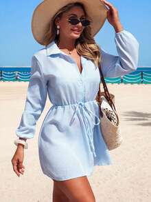 Swim Vcay Women's Spring/Summer Striped Long Sleeve Collared Waist Cinched Vacation Dress, Cover-Up - Blue - View 4