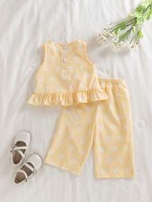 SHEIN Vintaside Kids 两件套女婴夏季时尚简约可爱蓝白格子印花背心上衣，饰有蝴蝶结，搭配同款格子印花裤子，适合户外、上学、旅行穿着。 - 黃色 - 查看 2