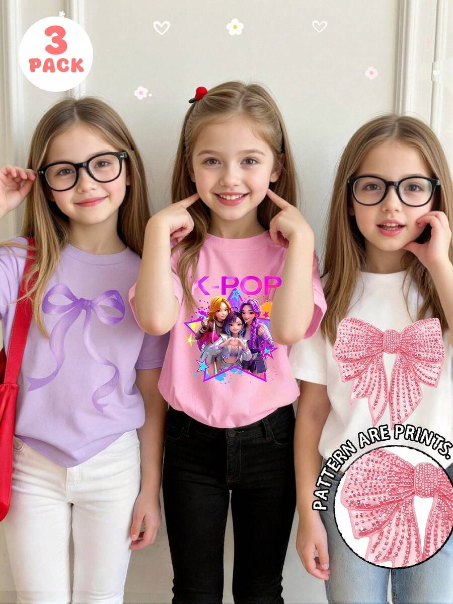3pcs/Set Young Girls Casual K-POP Girl Group Bow Print Round Neck Short Sleeve White, Pink, Purple T-Shirts, Fashionable & Cute Girls Summer Tops With Bow & Letter Elements - Pink - View 1