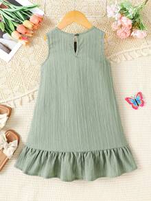 SHEIN 女童无袖绿色宽松A字荷叶边下摆度假连衣裙，夏季 - 橄欖綠 - 查看 2