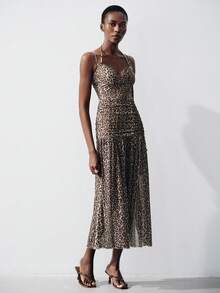 Aveloria Modichic New Fashionable Mesh Printed Leopard Print Slip Dress With Extra-Large Hem - Coffee - View 3