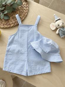 LMoss Kids Baby Boy Casual Cute Versatile Striped Cartoon Bear Pattern Bib Shorts With Hat,Kids - Blue - View 3