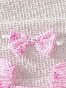 SHEIN 2件套女婴/幼儿夏季无袖水彩印花连衣裙和发带套装 - 淺粉色 - 查看 6