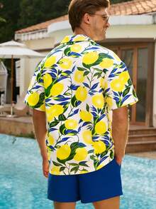 ZELFYO 男士柠檬印花前扣短袖夏季沙滩装 - 黃色 - 查看 2