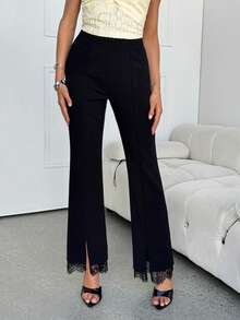 Lavishia 女士黑色喇叭裤，饰有撞色蕾丝，优雅百搭，适合通勤和日常穿着，夏季款 - 黑色 - 查看 3